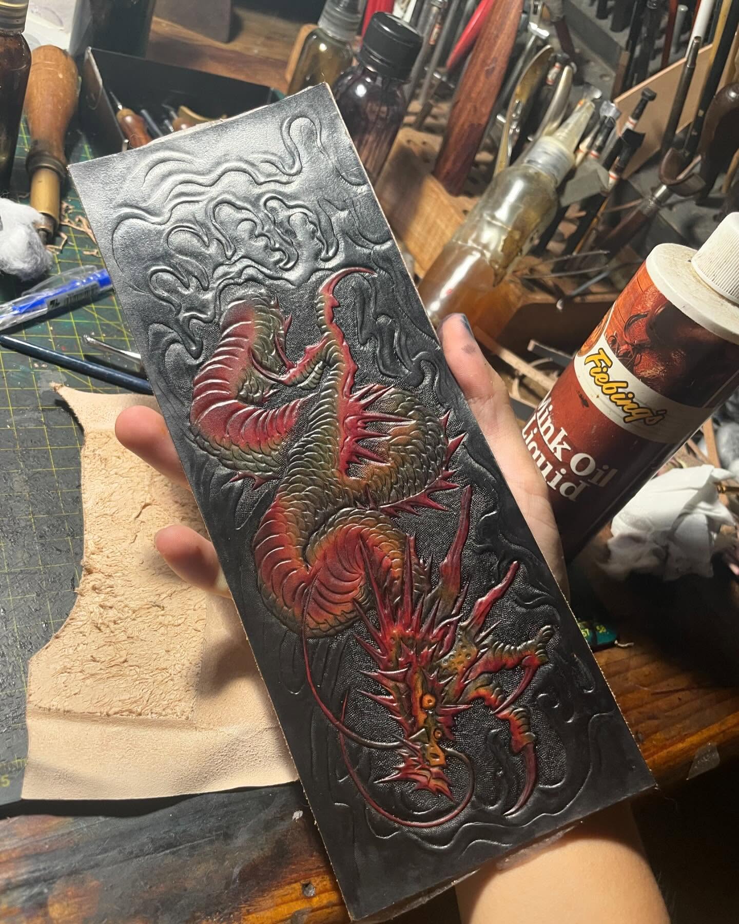 Red Dragon Motif Leather Bifold Wallet