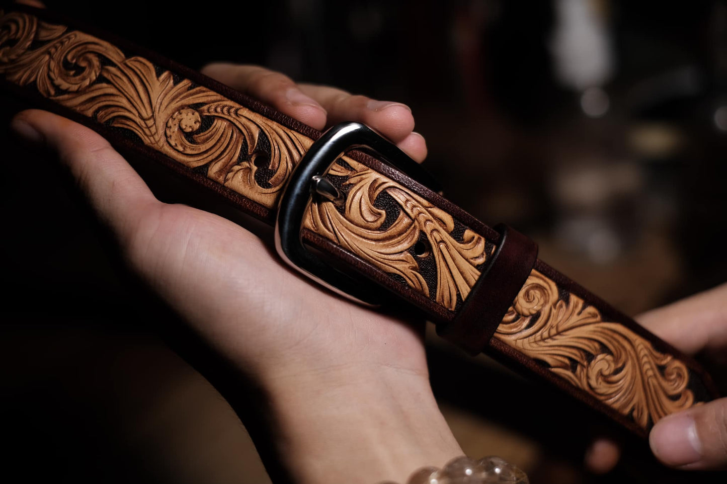Hand-Tooled Floral Leather Belt