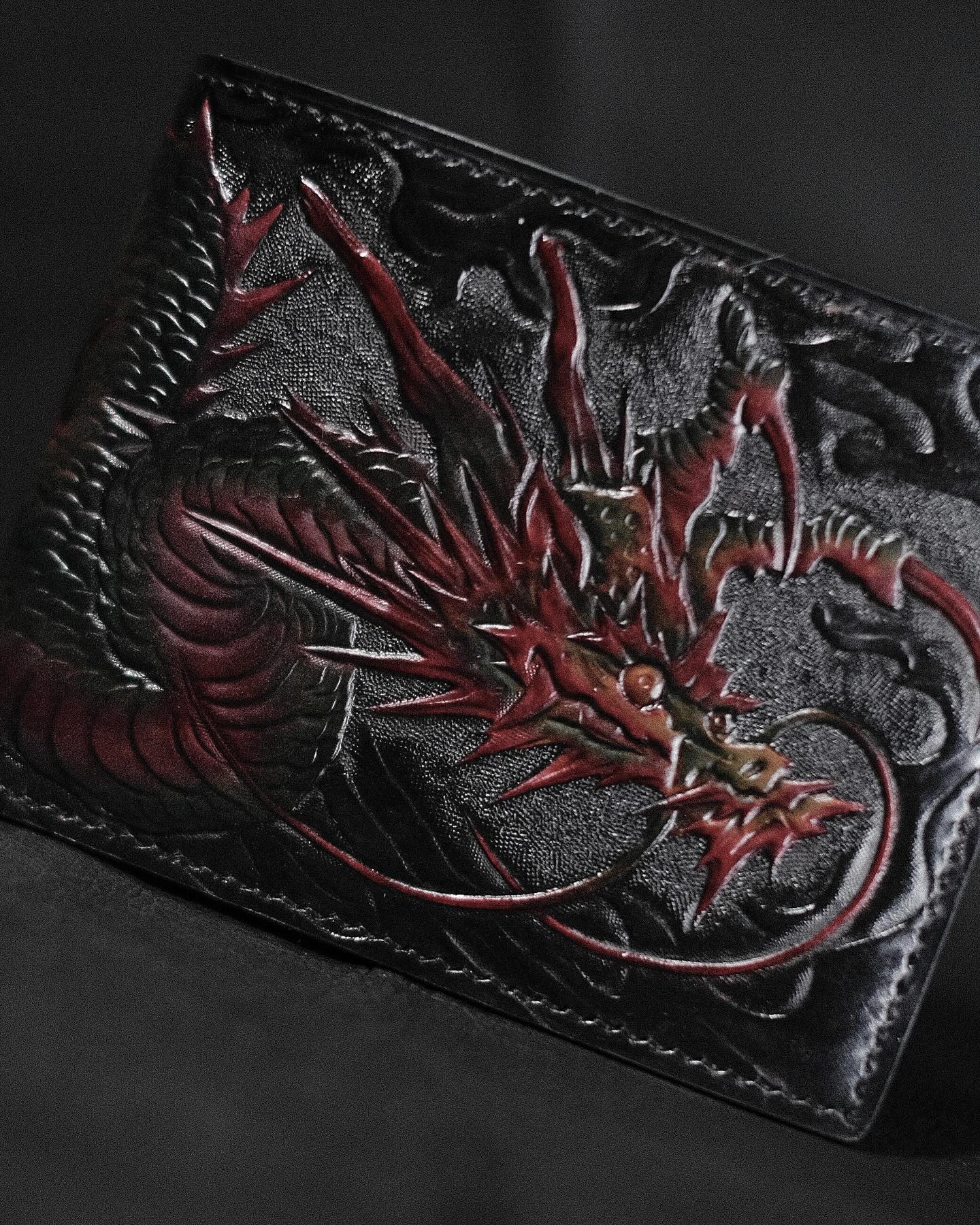 Red Dragon Motif Leather Bifold Wallet