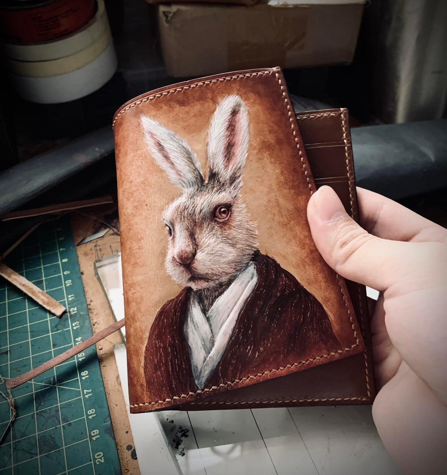 Billetera Bifold de Cuero con Conejo en Traje