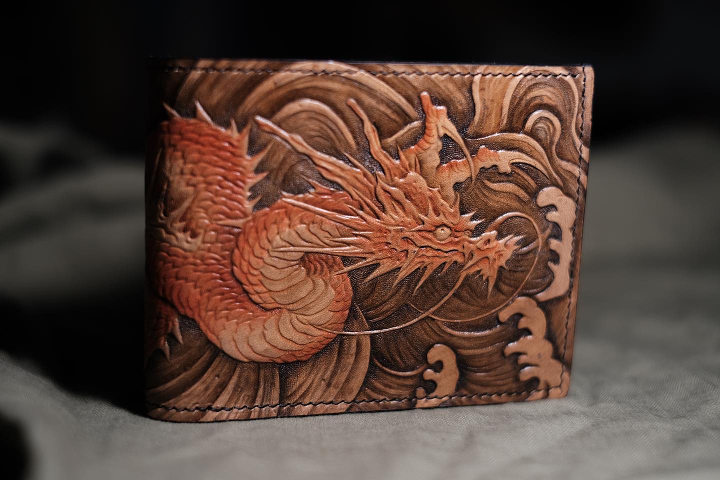 Dragon and Waves Leather Bifold Wallet