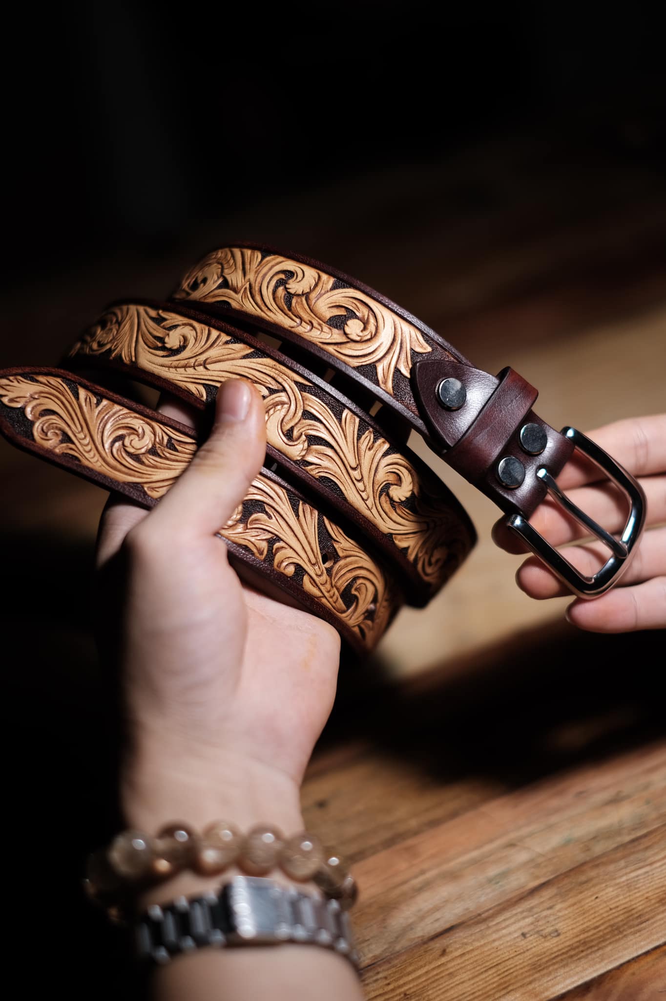 Hand-Tooled Floral Leather Belt