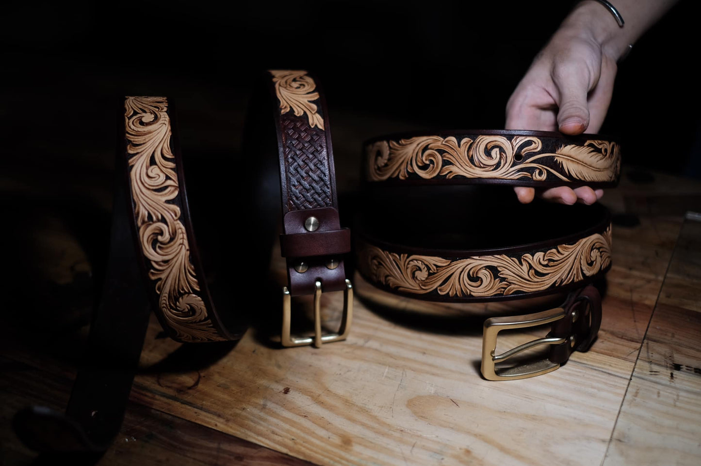 Hand-Tooled Floral Leather Belt