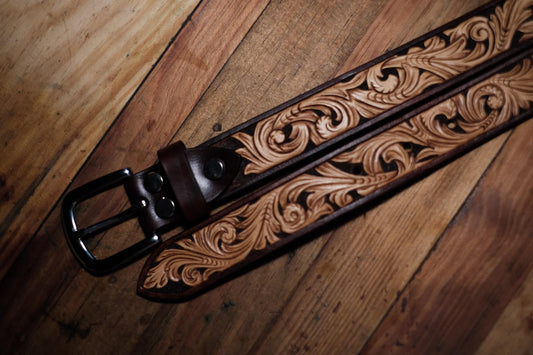 Hand-Tooled Floral Leather Belt