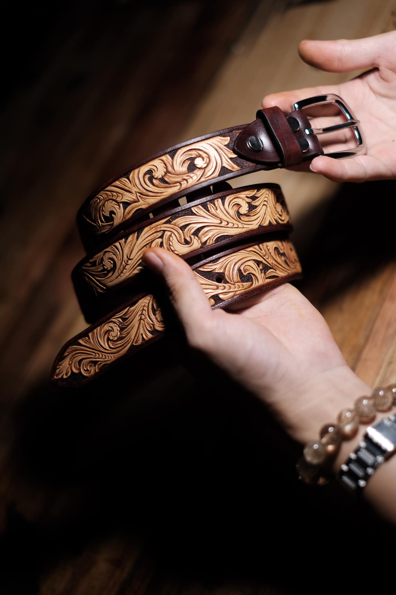 Hand-Tooled Floral Leather Belt