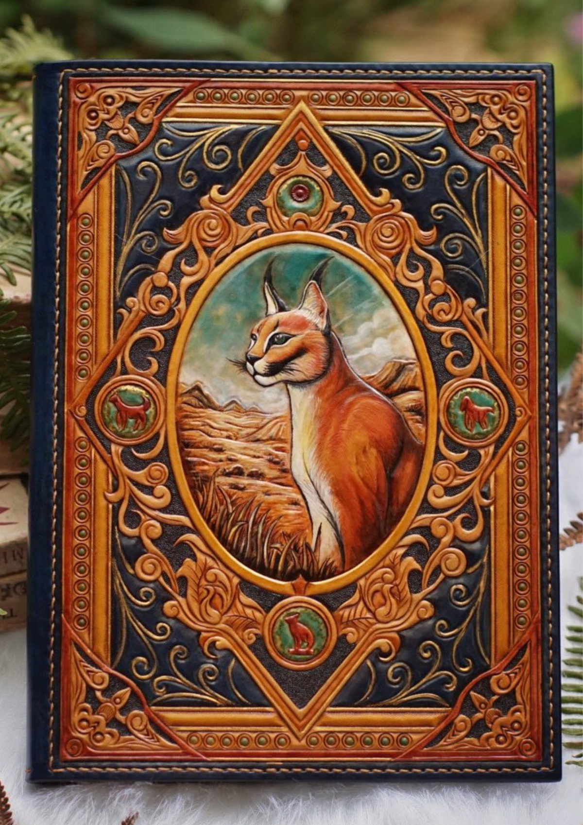 Finished moonlit hand-carved leather wallet