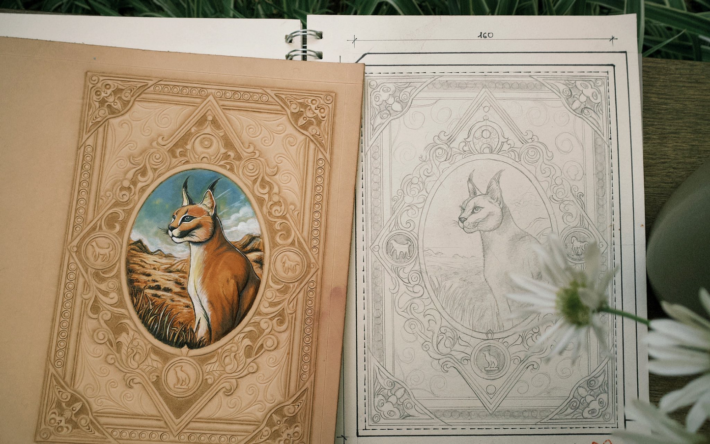 Caracal and Baroque Motif Leather Journal Cover
