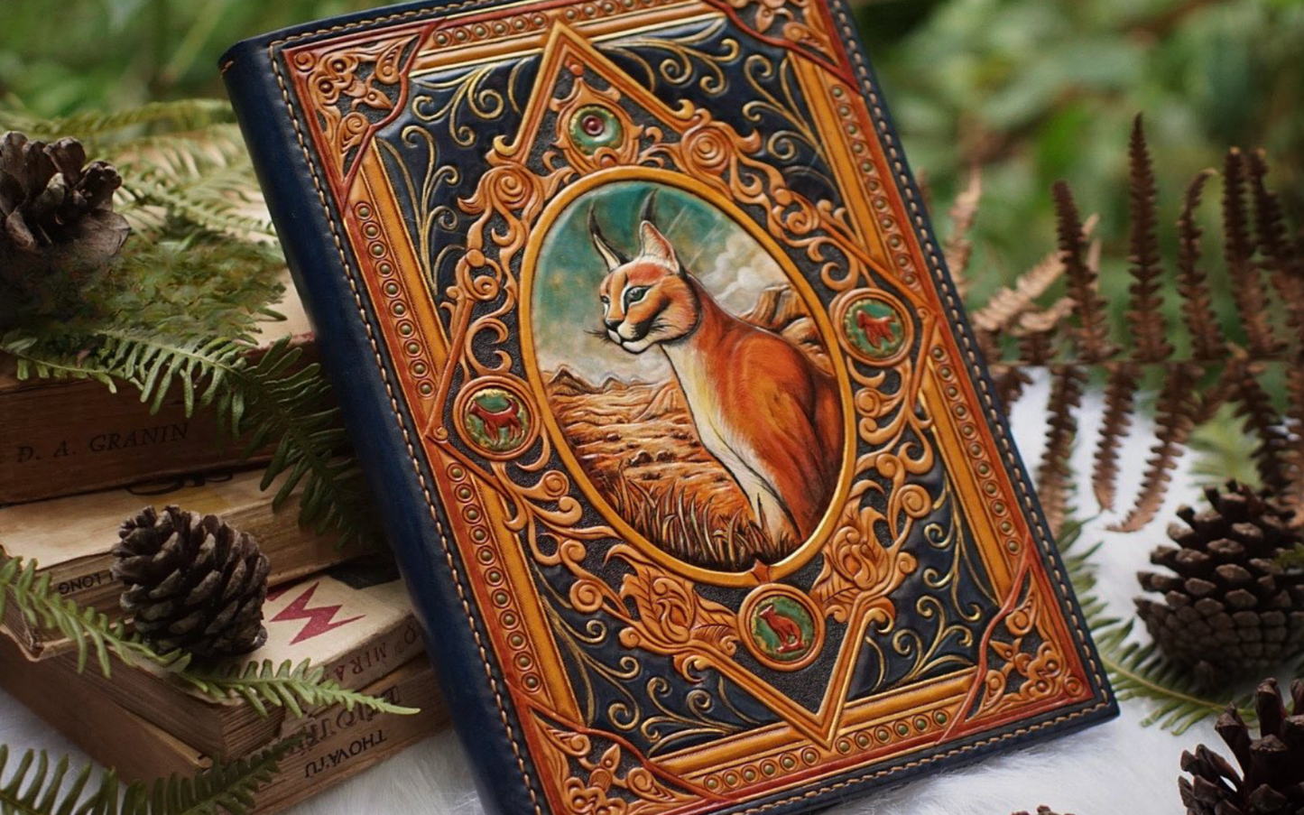 Caracal and Baroque Motif Leather Journal Cover